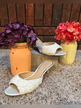 Jewel Badgley Mishka White Open-Toe Kitten Heels